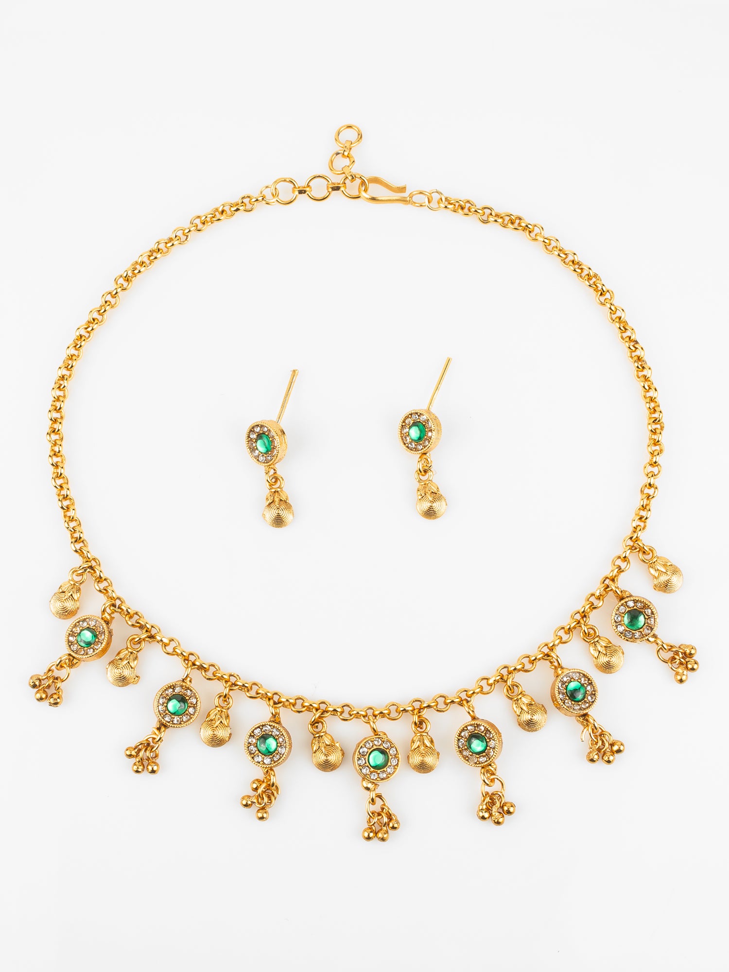 Aadita Traditional Gold-Plated Green Stone Necklace Set for Women | Ethnic Temple Jewelry with Earrings | Festive & Wedding Wear