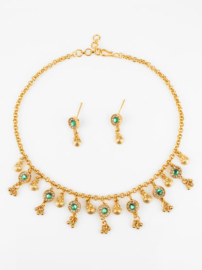 Aadita Traditional Gold-Plated Green Stone Necklace Set for Women | Ethnic Temple Jewelry with Earrings | Festive & Wedding Wear