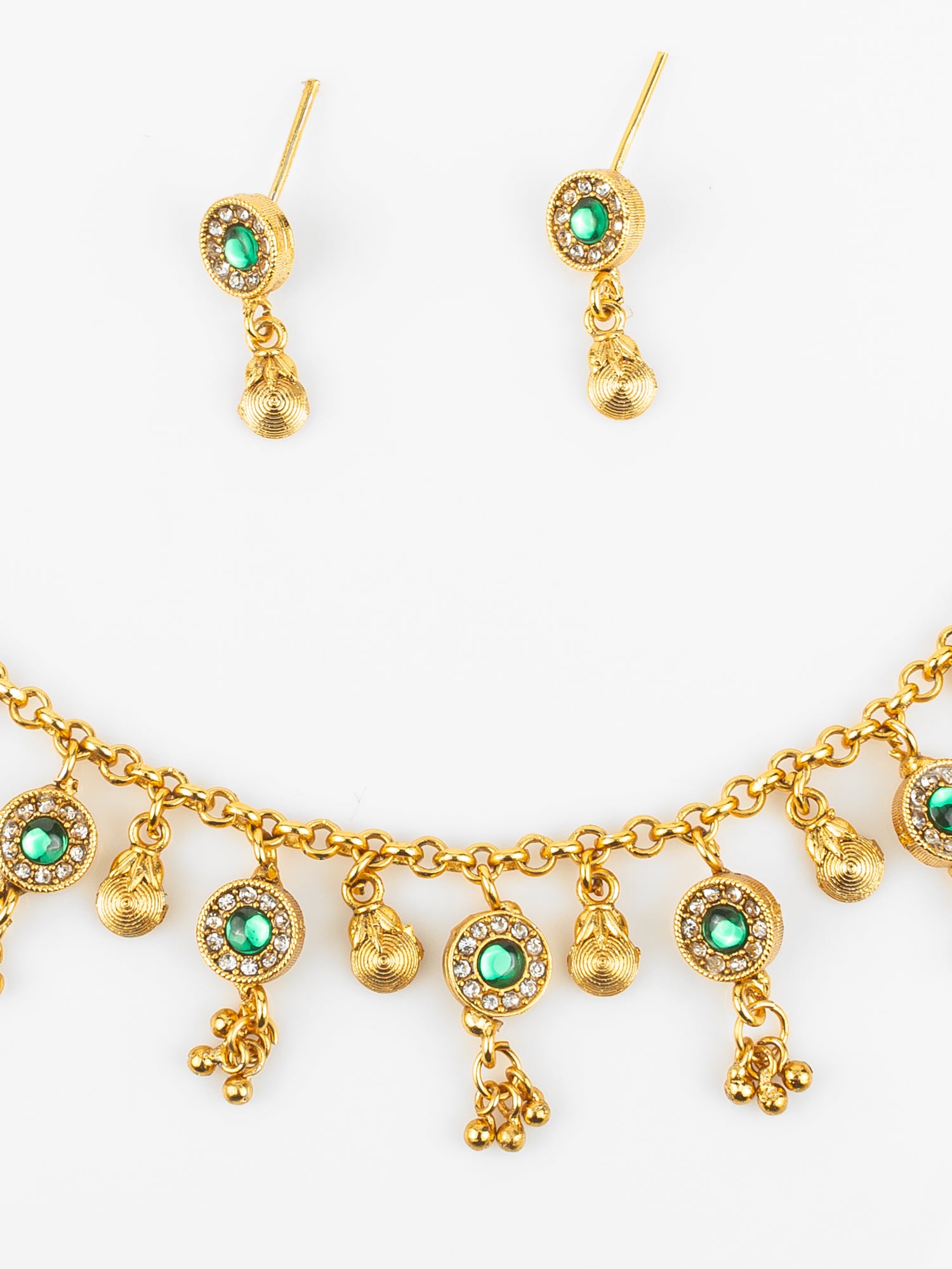 Aadita Traditional Gold-Plated Green Stone Necklace Set for Women | Ethnic Temple Jewelry with Earrings | Festive & Wedding Wear
