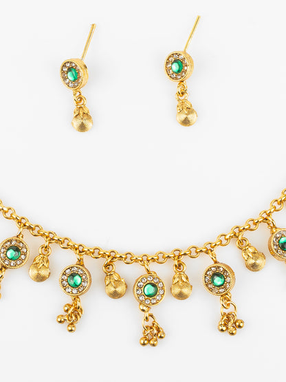 Aadita Traditional Gold-Plated Green Stone Necklace Set for Women | Ethnic Temple Jewelry with Earrings | Festive & Wedding Wear
