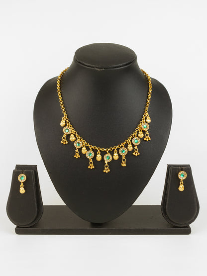 Aadita Traditional Gold-Plated Green Stone Necklace Set for Women | Ethnic Temple Jewelry with Earrings | Festive & Wedding Wear