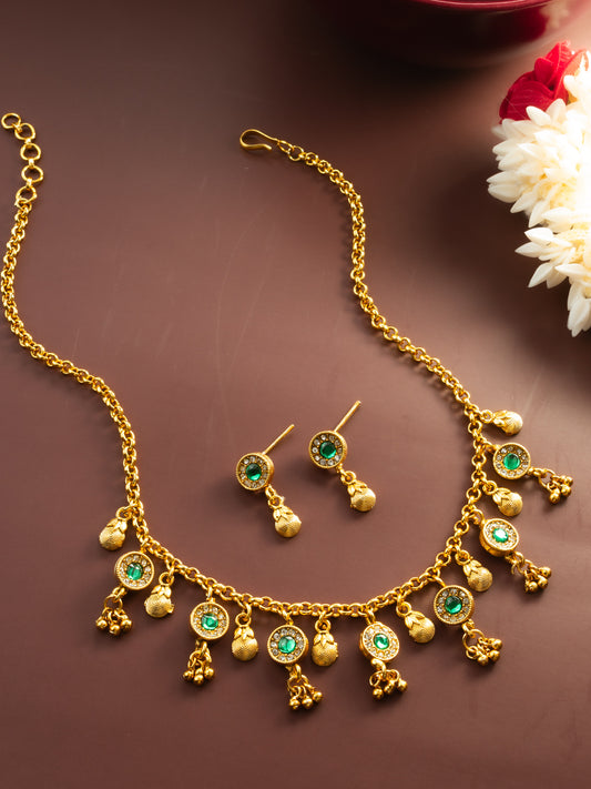 Aadita Traditional Gold-Plated Green Stone Necklace Set for Women | Ethnic Temple Jewelry with Earrings | Festive & Wedding Wear
