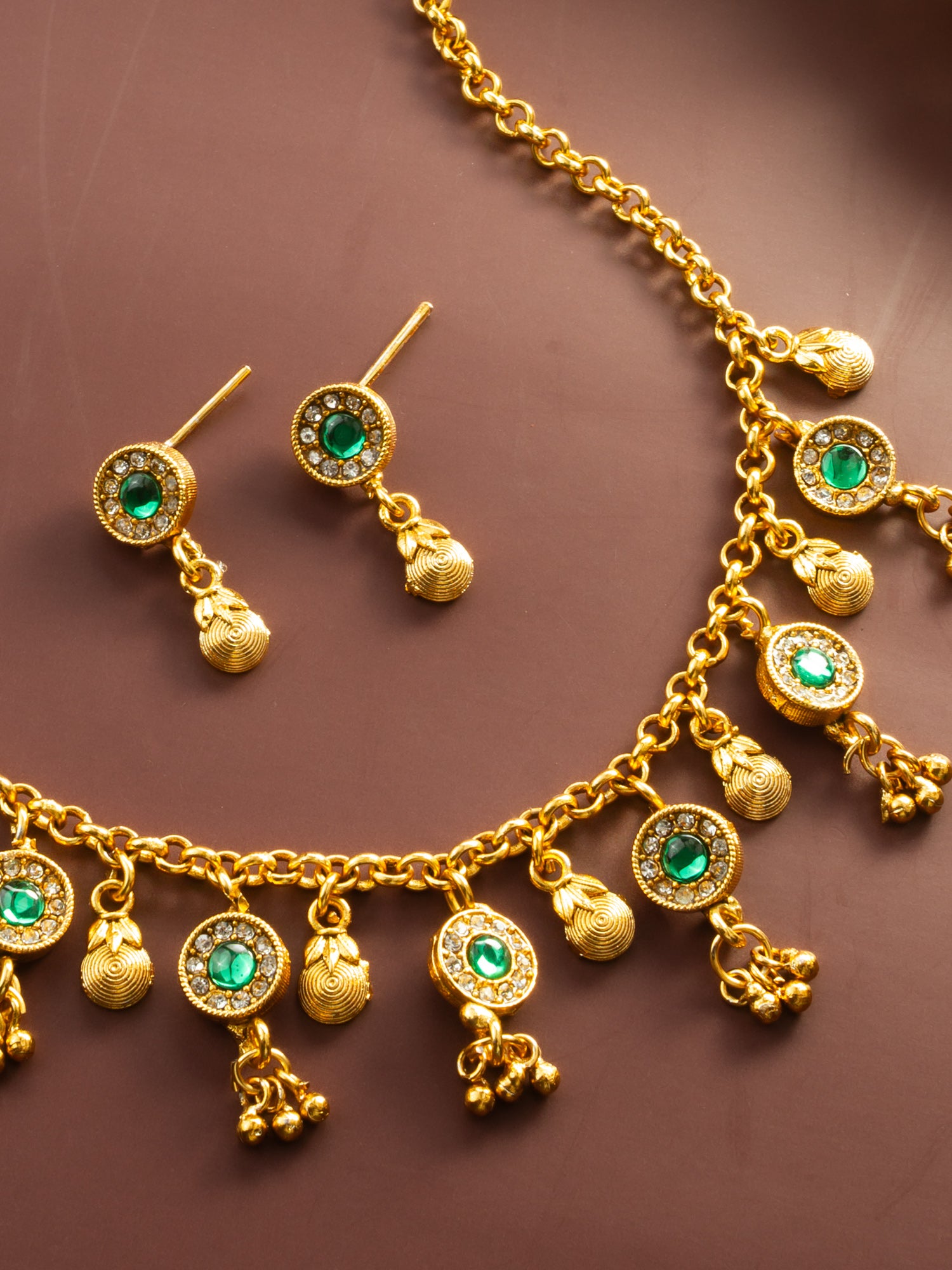 Aadita Traditional Gold-Plated Green Stone Necklace Set for Women | Ethnic Temple Jewelry with Earrings | Festive & Wedding Wear