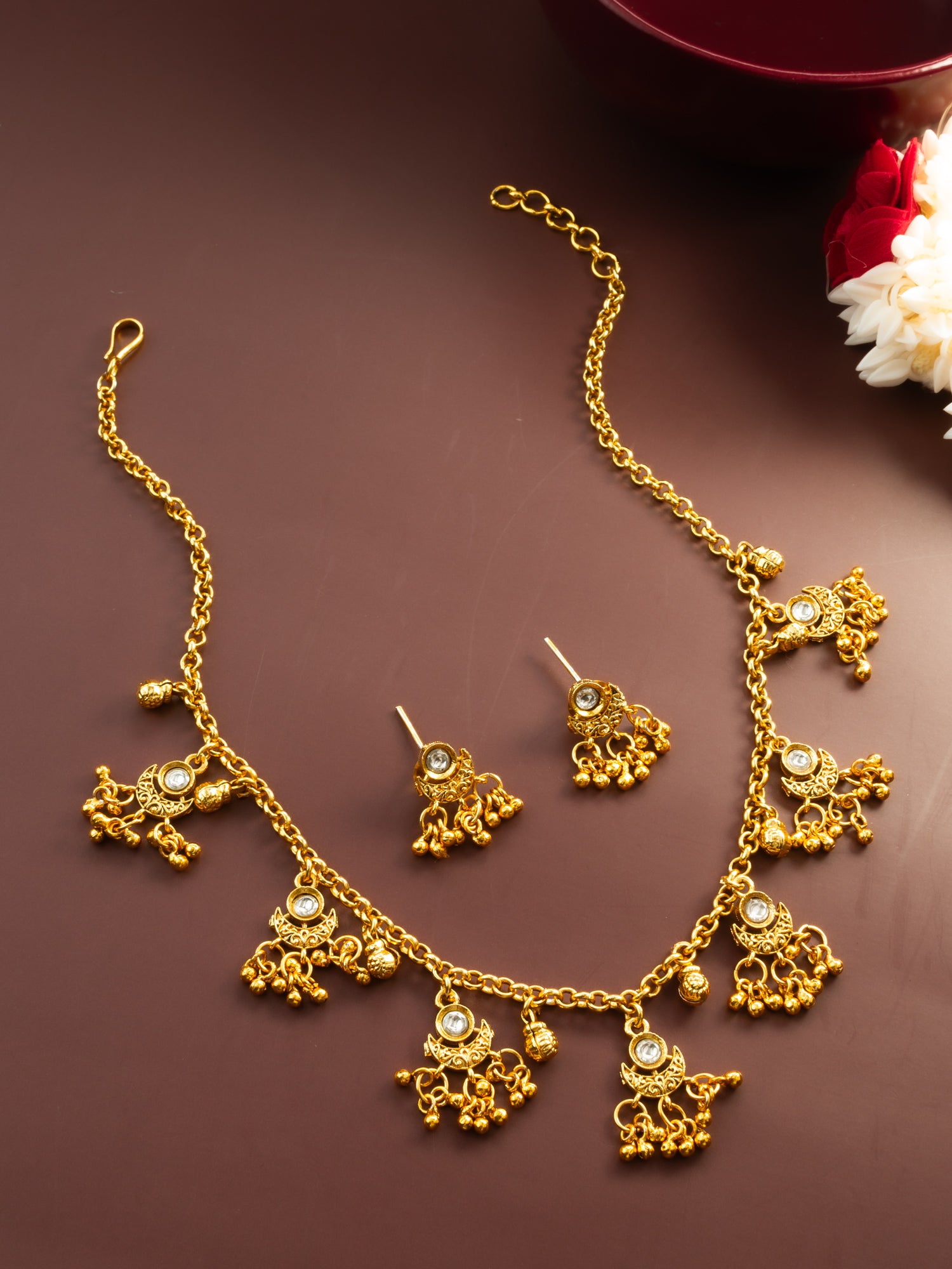 Aadita Gold-Plated Traditional Jhumka Necklace Set for Women | White Stone Ethnic Jewellery with Earrings | Bridal & Festive Wear