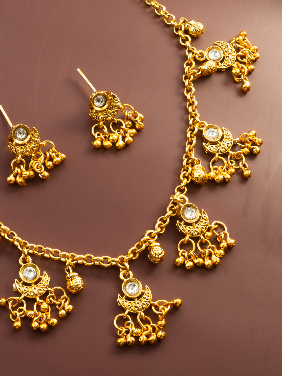 Gold-Plated Jhumka Necklace, White Stone, Bridal & Festive Wear
