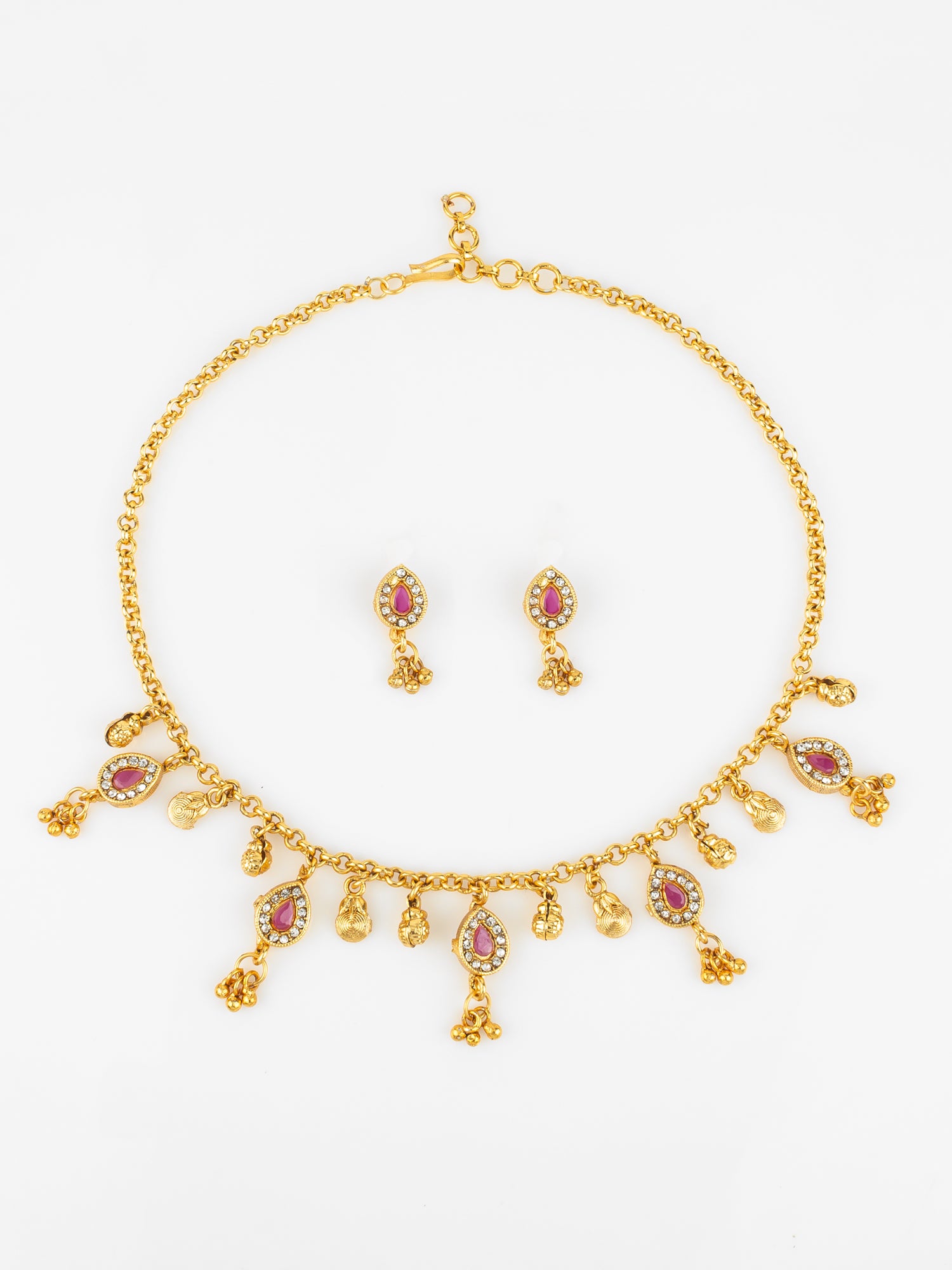 Aadita Gold-Plated Pink Stone Necklace Set for Women | Traditional Teardrop Design with Earrings | Ethnic Bridal & Festive Jewellery
