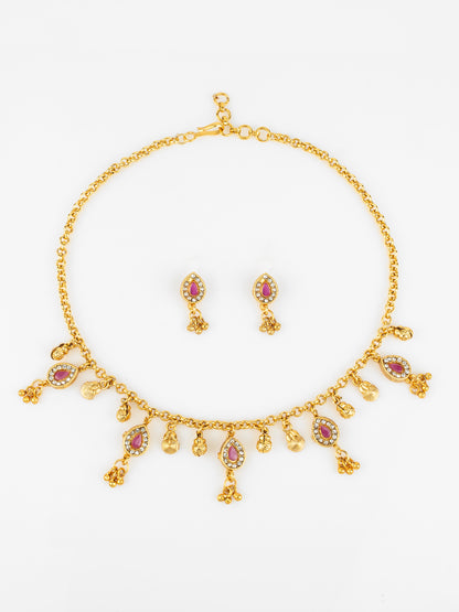 Aadita Gold-Plated Pink Stone Necklace Set for Women | Traditional Teardrop Design with Earrings | Ethnic Bridal & Festive Jewellery