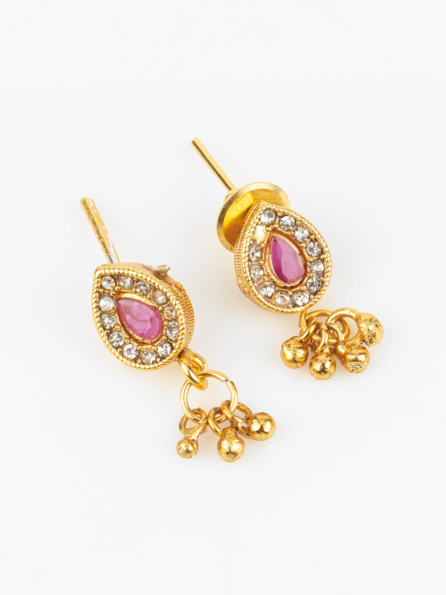 Aadita Gold-Plated Pink Stone Necklace Set for Women | Traditional Teardrop Design with Earrings | Ethnic Bridal & Festive Jewellery
