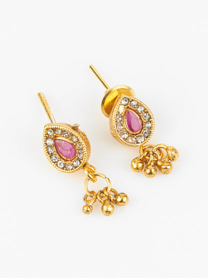 Aadita Gold-Plated Pink Stone Necklace Set for Women | Traditional Teardrop Design with Earrings | Ethnic Bridal & Festive Jewellery