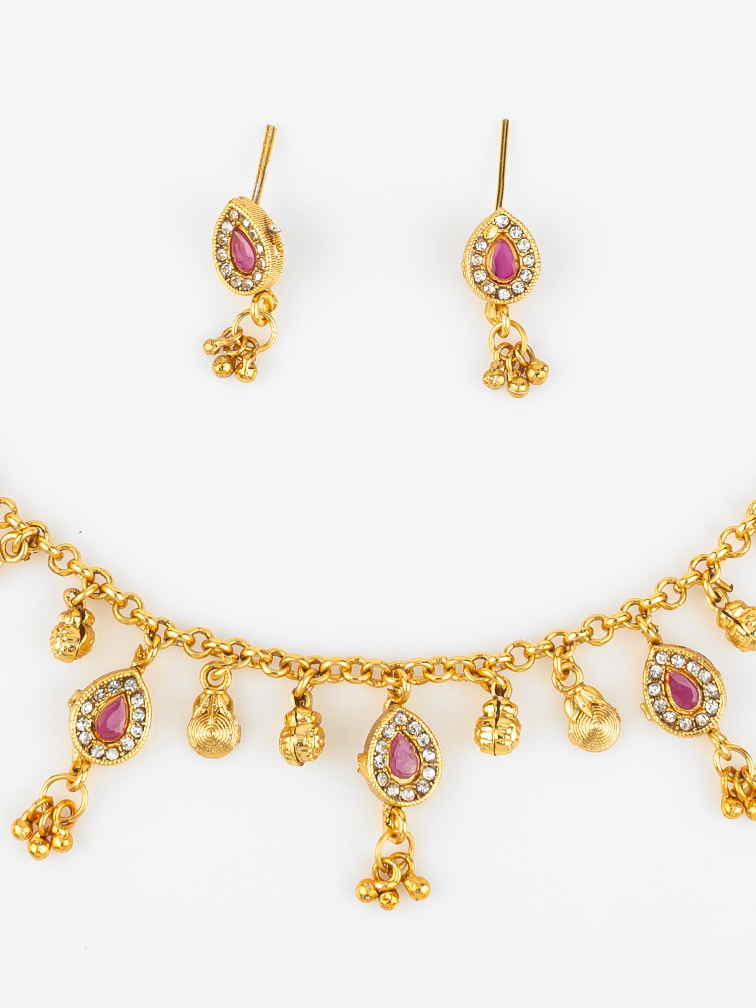 Aadita Gold-Plated Pink Stone Necklace Set for Women | Traditional Teardrop Design with Earrings | Ethnic Bridal & Festive Jewellery