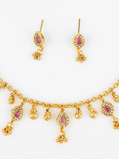 Aadita Gold-Plated Pink Stone Necklace Set for Women | Traditional Teardrop Design with Earrings | Ethnic Bridal & Festive Jewellery