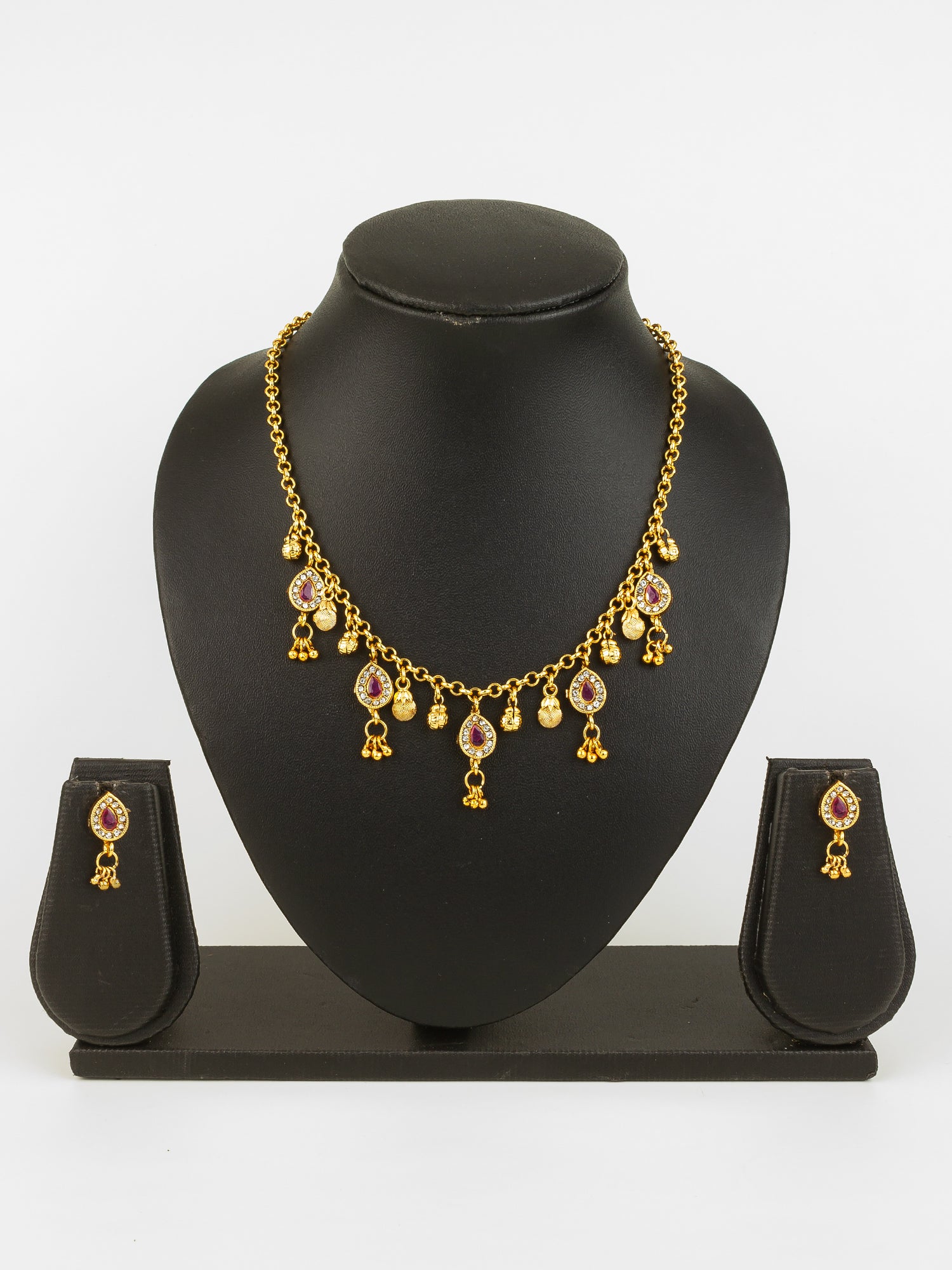 Aadita Gold-Plated Pink Stone Necklace Set for Women | Traditional Teardrop Design with Earrings | Ethnic Bridal & Festive Jewellery