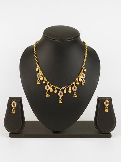 Aadita Gold-Plated Pink Stone Necklace Set for Women | Traditional Teardrop Design with Earrings | Ethnic Bridal & Festive Jewellery