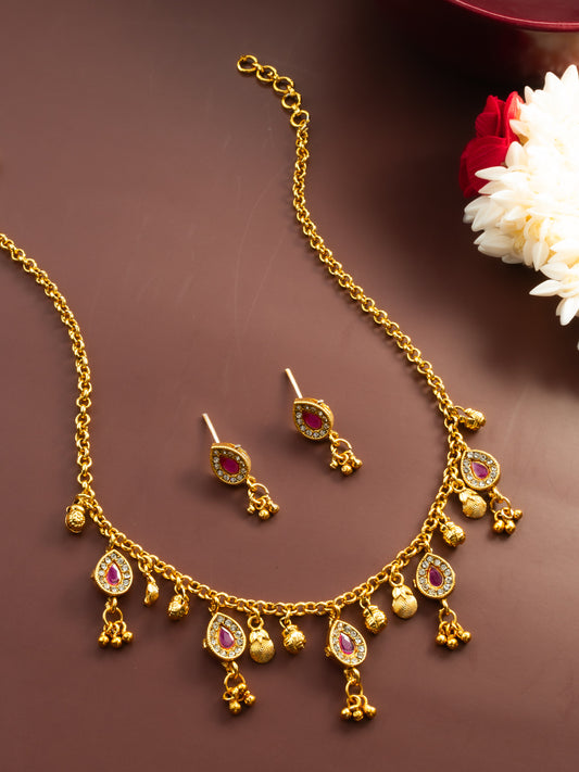 Aadita Gold-Plated Pink Stone Necklace Set for Women | Traditional Teardrop Design with Earrings | Ethnic Bridal & Festive Jewellery