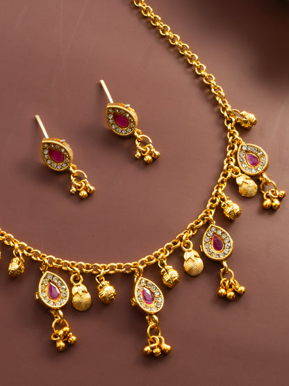 Aadita Gold-Plated Pink Stone Necklace Set for Women | Traditional Teardrop Design with Earrings | Ethnic Bridal & Festive Jewellery
