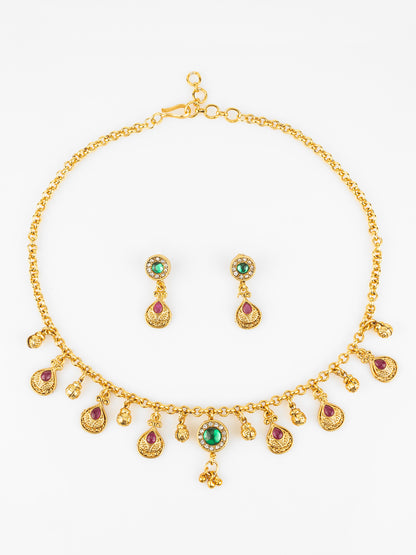 Aadita Gold-Plated Traditional Necklace Set for Women | Pink Teardrop & Green Stone Pendant | Bridal & Ethnic Festival Jewellery