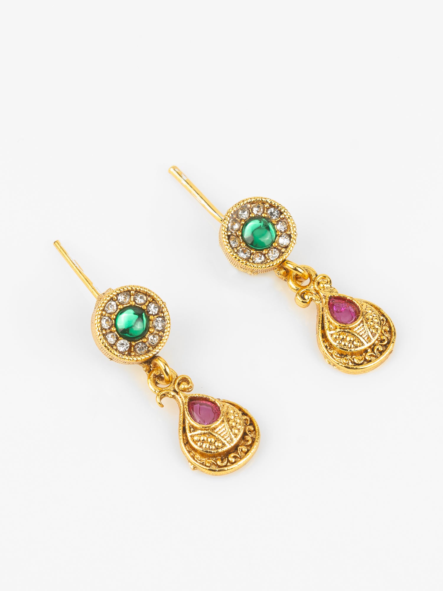 Aadita Gold-Plated Traditional Necklace Set for Women | Pink Teardrop & Green Stone Pendant | Bridal & Ethnic Festival Jewellery