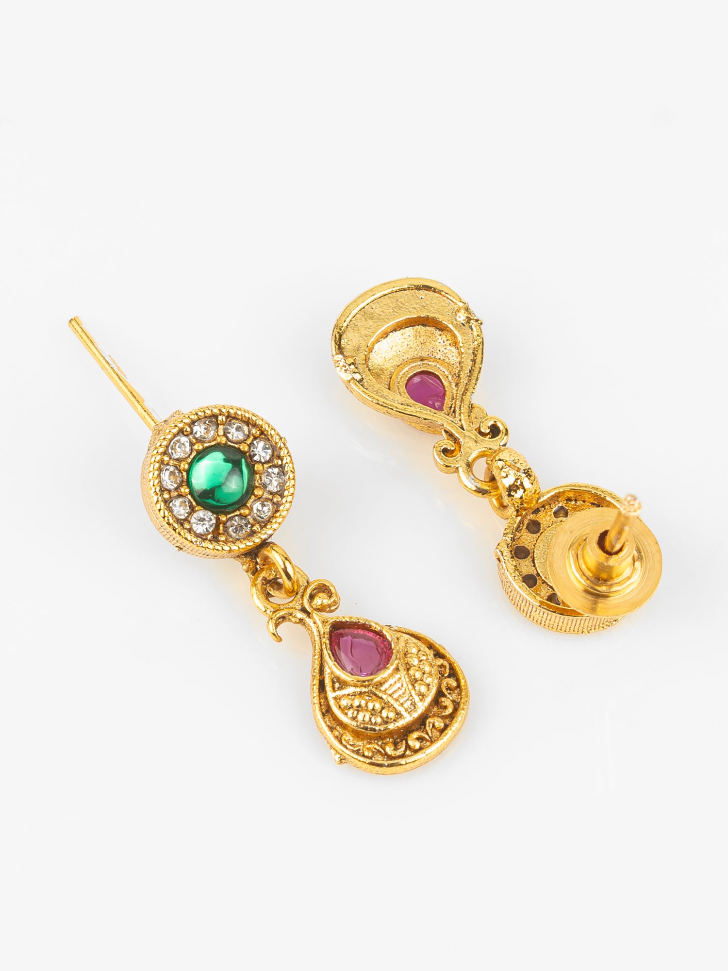 Aadita Gold-Plated Traditional Necklace Set for Women | Pink Teardrop & Green Stone Pendant | Bridal & Ethnic Festival Jewellery