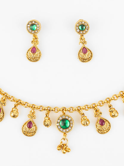 Aadita Gold-Plated Traditional Necklace Set for Women | Pink Teardrop & Green Stone Pendant | Bridal & Ethnic Festival Jewellery