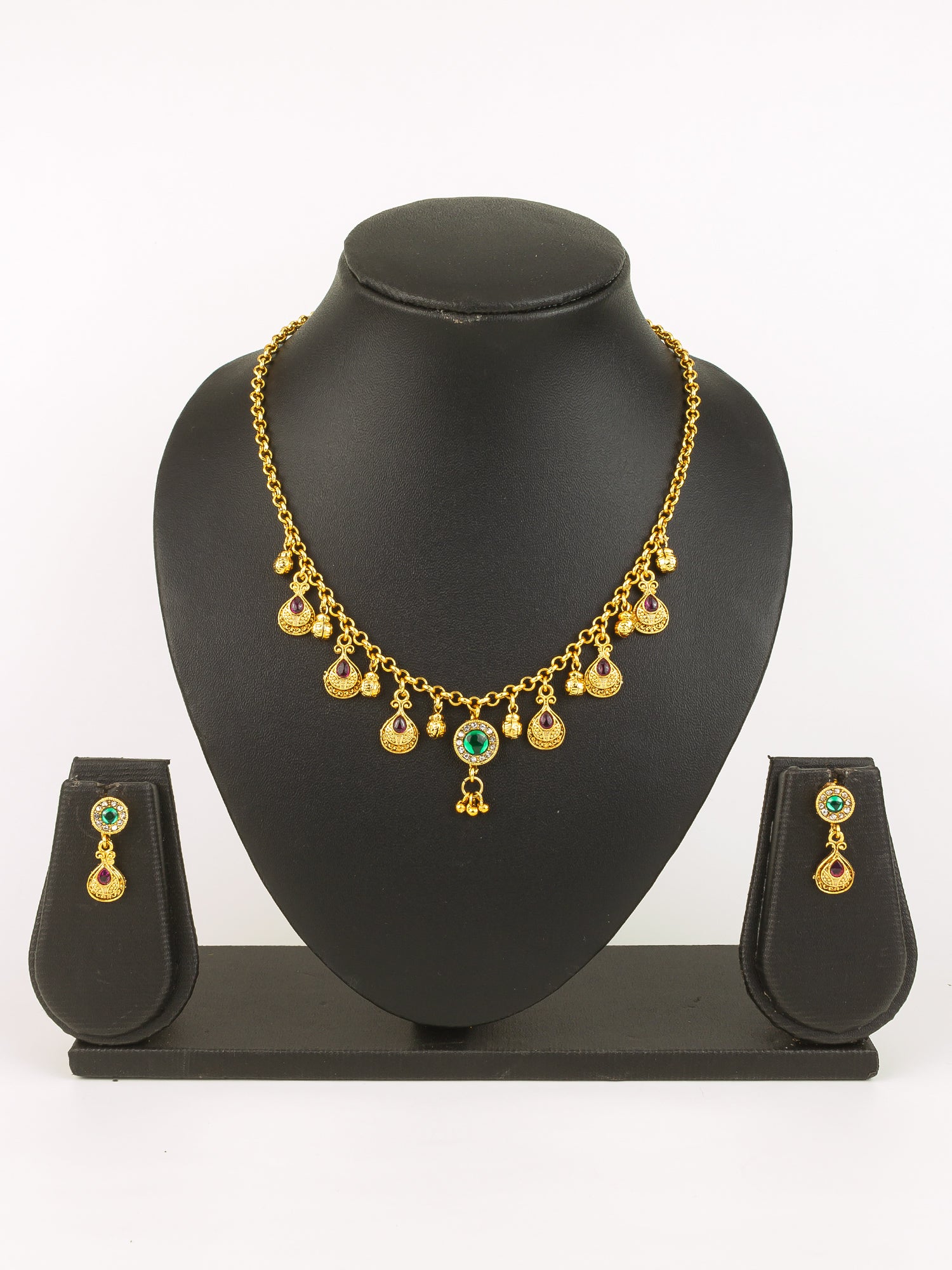 Aadita Gold-Plated Traditional Necklace Set for Women | Pink Teardrop & Green Stone Pendant | Bridal & Ethnic Festival Jewellery