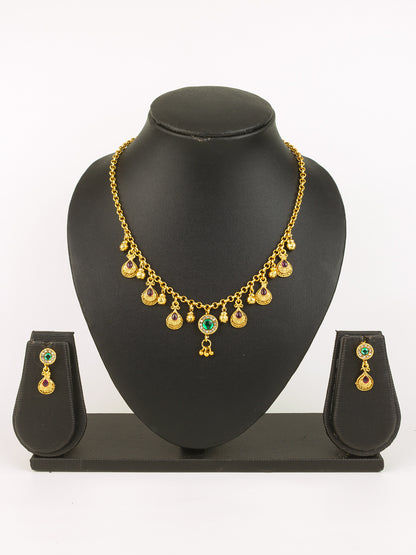 Aadita Gold-Plated Traditional Necklace Set for Women | Pink Teardrop & Green Stone Pendant | Bridal & Ethnic Festival Jewellery