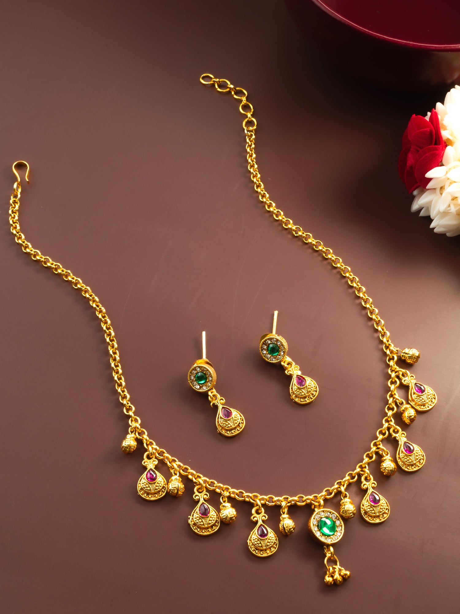 Aadita Gold-Plated Traditional Necklace Set for Women | Pink Teardrop & Green Stone Pendant | Bridal & Ethnic Festival Jewellery