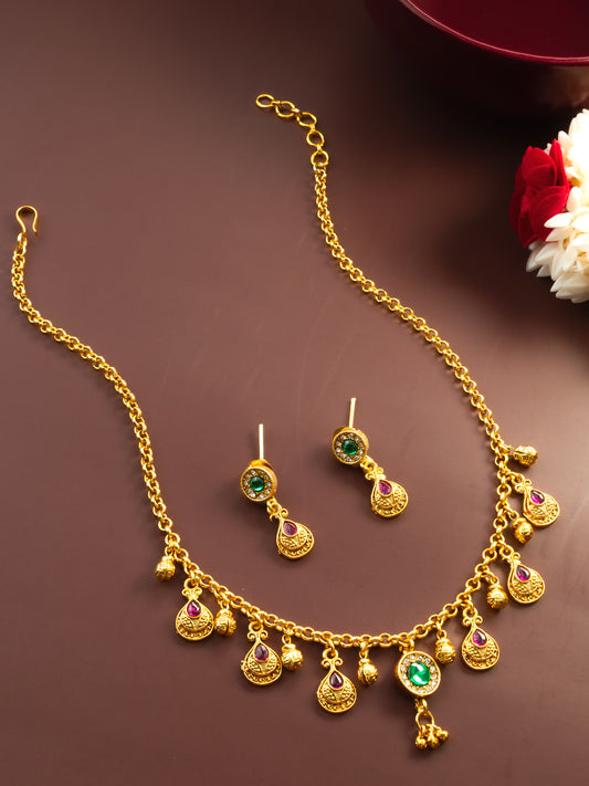 Aadita Gold-Plated Traditional Necklace Set for Women | Pink Teardrop & Green Stone Pendant | Bridal & Ethnic Festival Jewellery