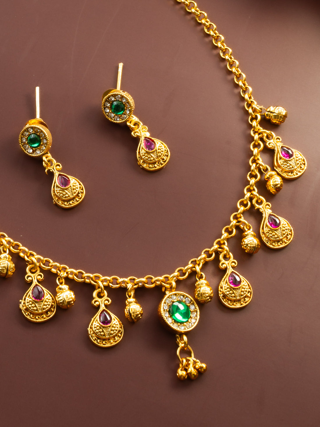 Gold-Plated Necklace, Pink Teardrop & Green Pendant, Bridal & Ethnic