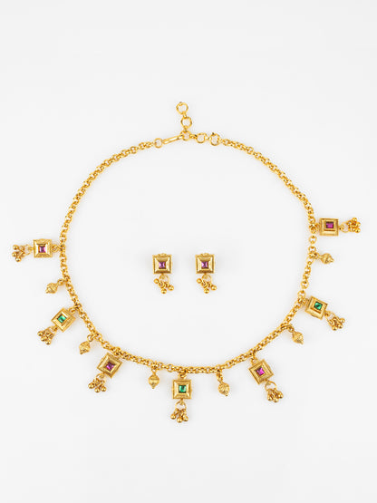 Aadita Gold-Plated Square Stone Necklace Set for Women | Traditional Pink & Green Pendant Jewellery with Earrings | Bridal & Festive Wear