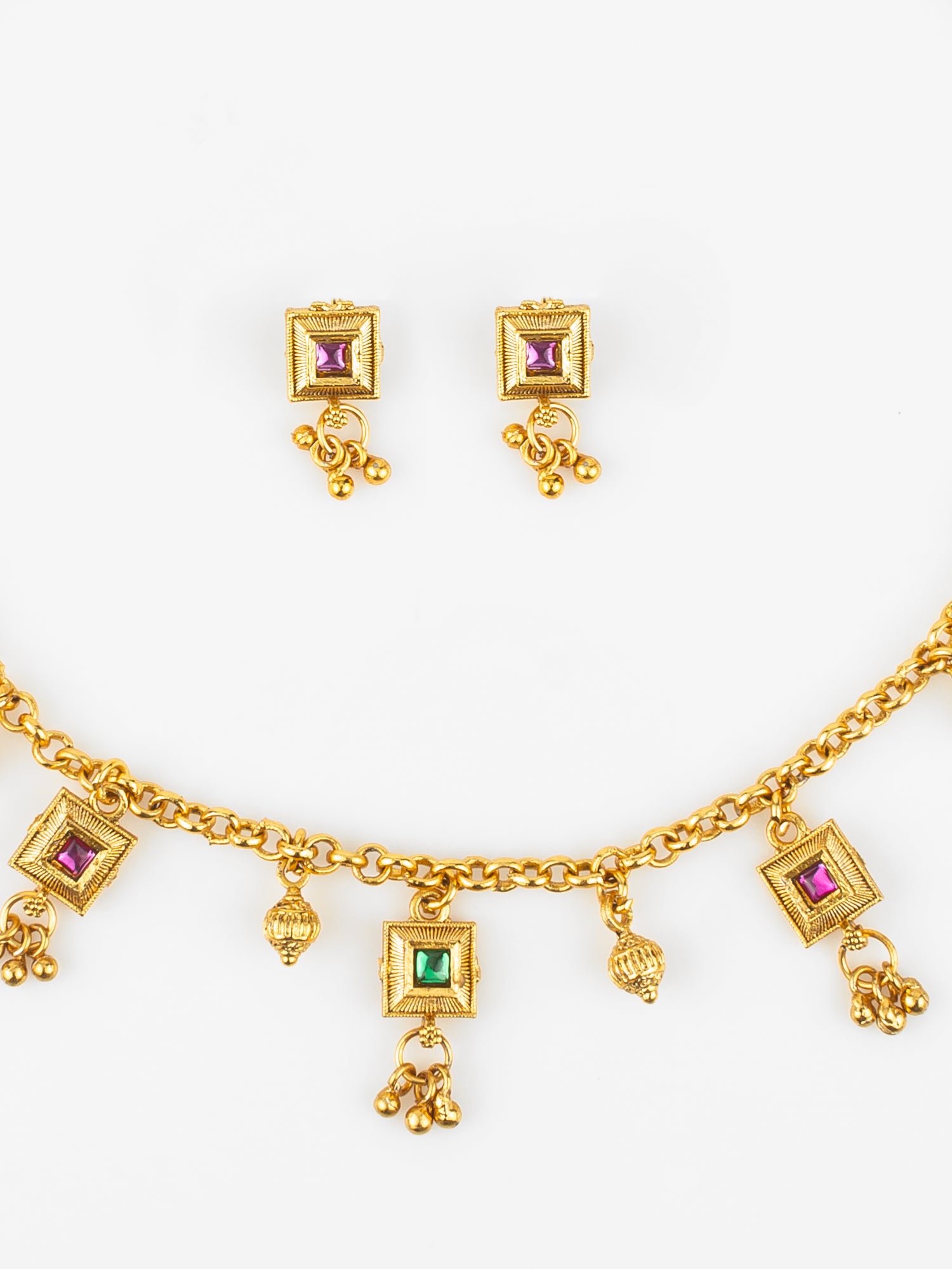 Aadita Gold-Plated Square Stone Necklace Set for Women | Traditional Pink & Green Pendant Jewellery with Earrings | Bridal & Festive Wear