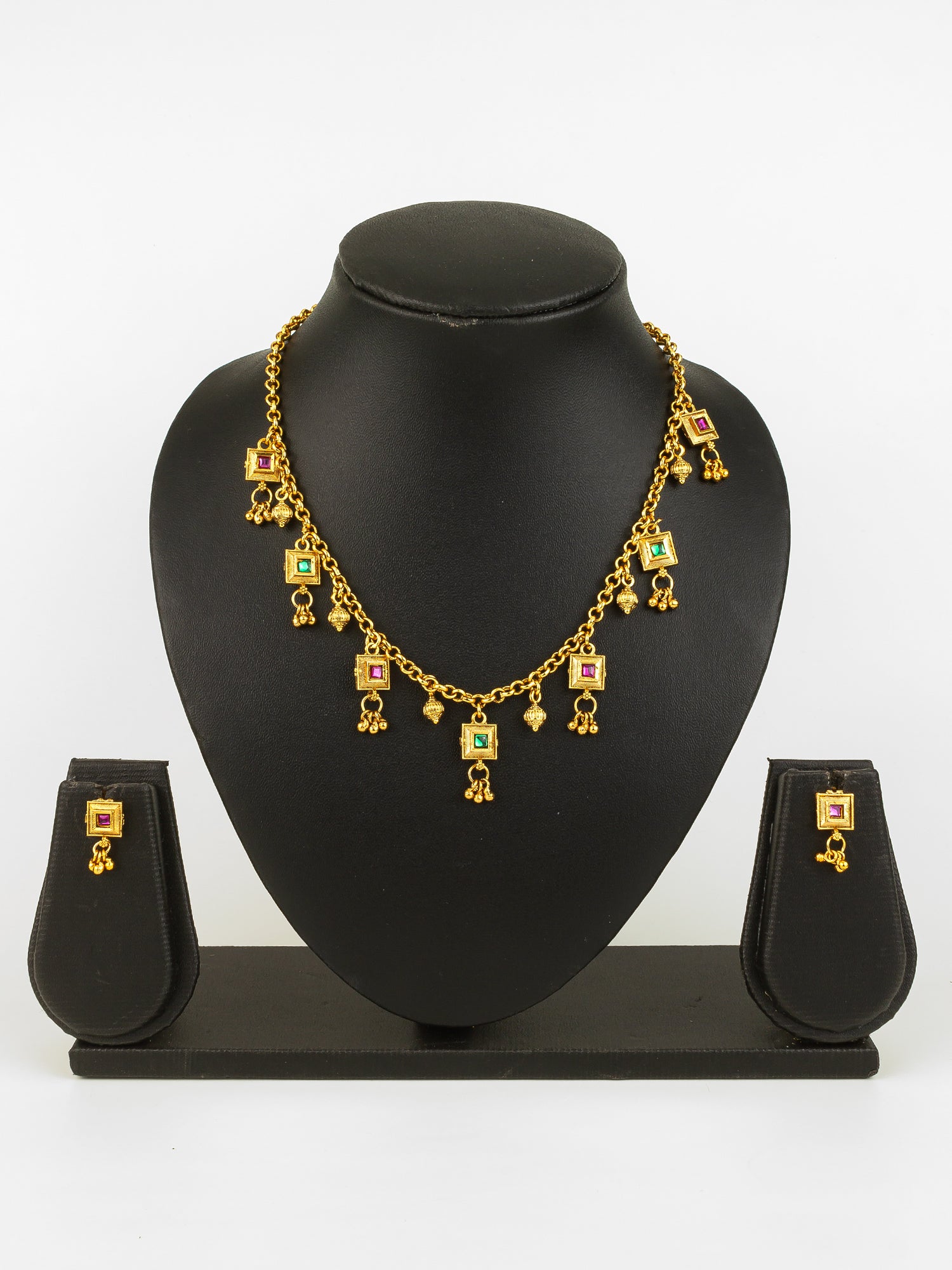 Aadita Gold-Plated Square Stone Necklace Set for Women | Traditional Pink & Green Pendant Jewellery with Earrings | Bridal & Festive Wear