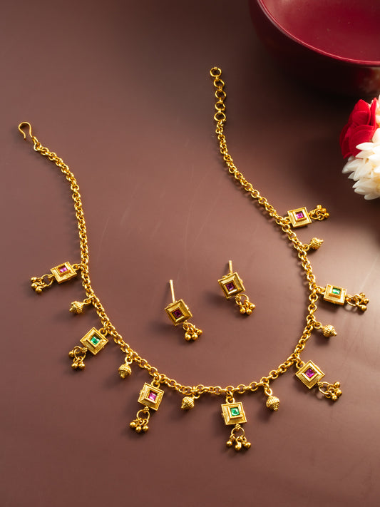 Aadita Gold-Plated Square Stone Necklace Set for Women | Traditional Pink & Green Pendant Jewellery with Earrings | Bridal & Festive Wear
