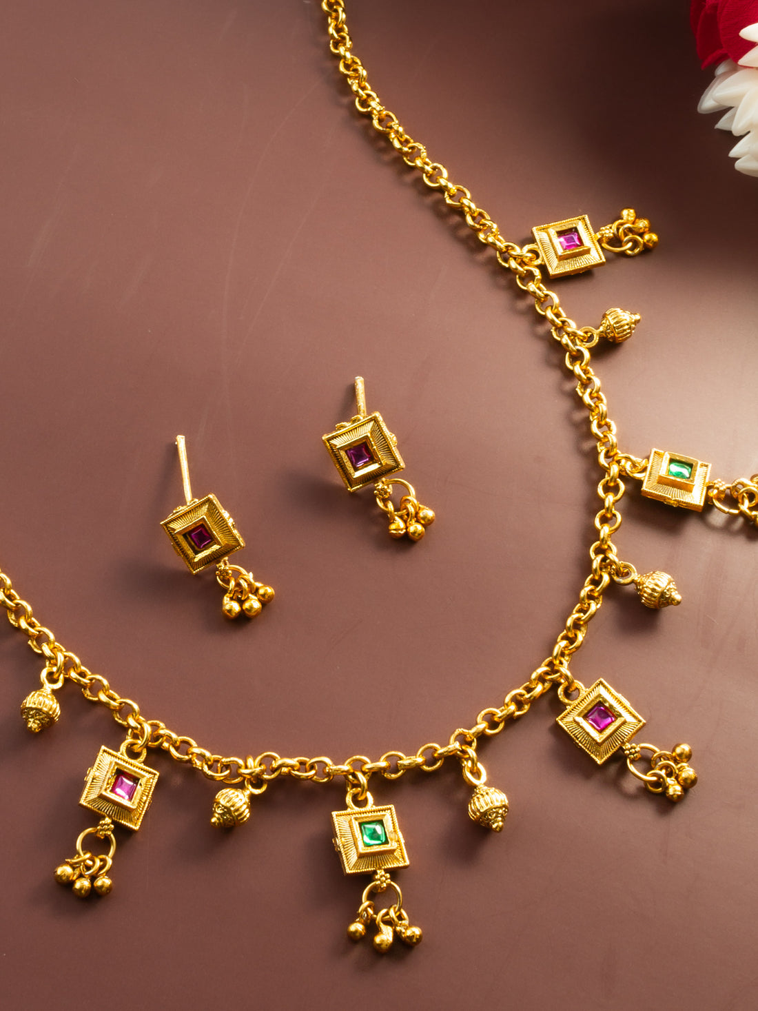 Gold-Plated Square Stone Necklace, Pink & Green, Bridal & Festive Wear