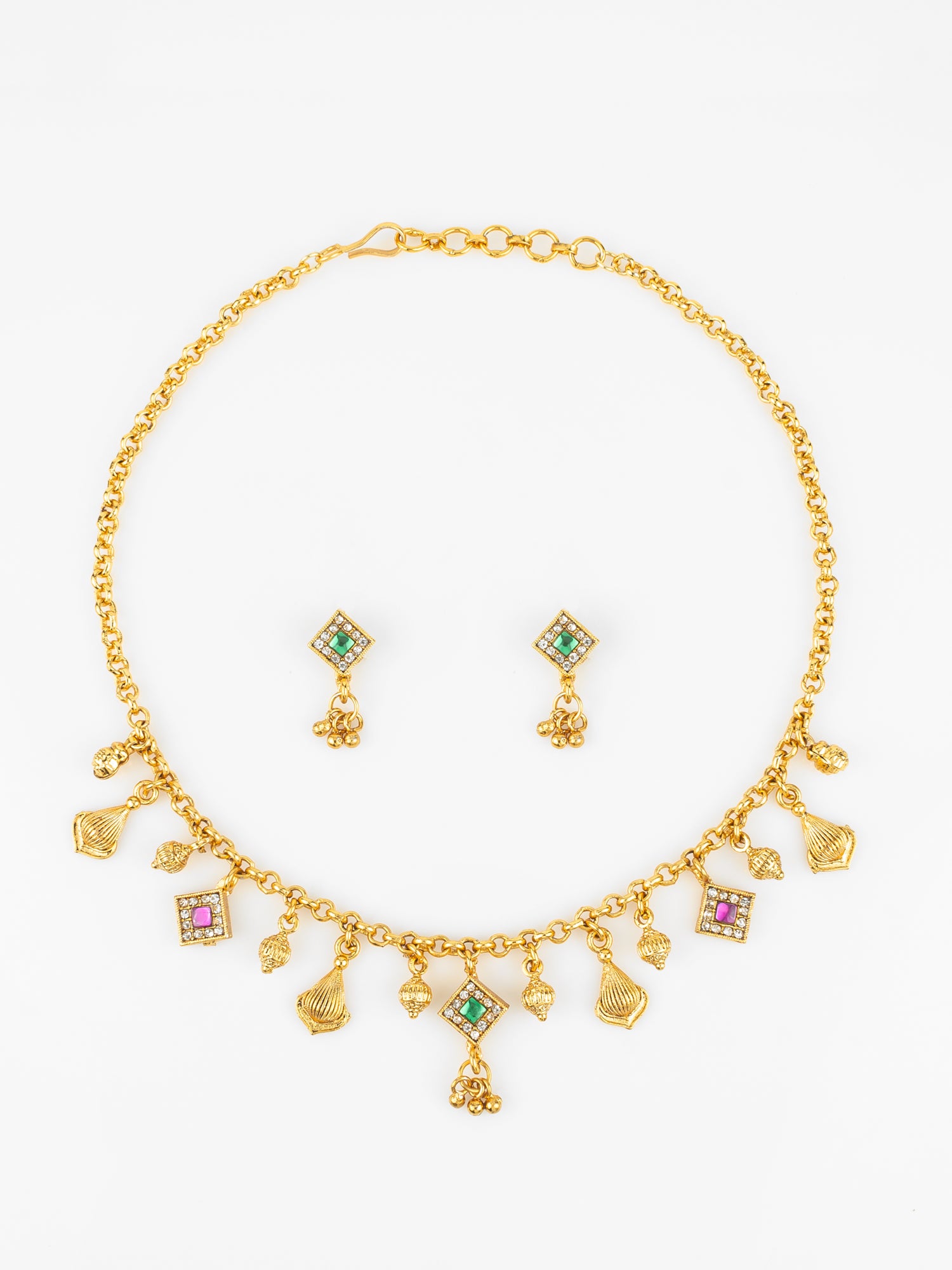 Aadita Gold-Plated Square Stone Necklace Set for Women | Green & Pink Traditional Pendant Jewellery with Earrings | Festive & Bridal Wear