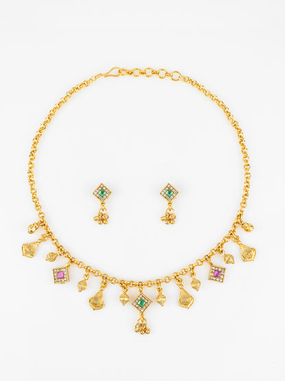 Aadita Gold-Plated Square Stone Necklace Set for Women | Green & Pink Traditional Pendant Jewellery with Earrings | Festive & Bridal Wear