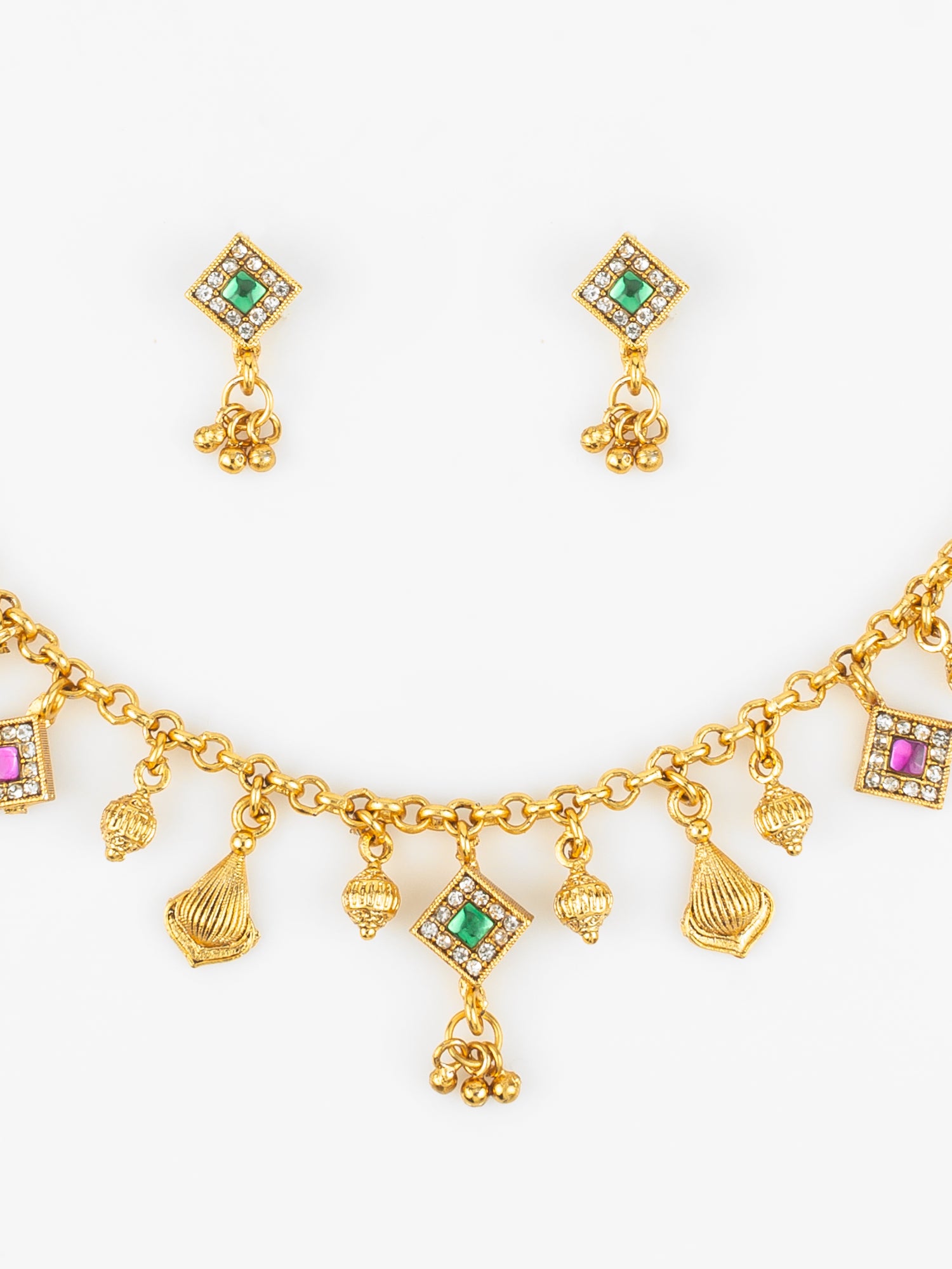 Aadita Gold-Plated Square Stone Necklace Set for Women | Green & Pink Traditional Pendant Jewellery with Earrings | Festive & Bridal Wear