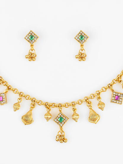 Aadita Gold-Plated Square Stone Necklace Set for Women | Green & Pink Traditional Pendant Jewellery with Earrings | Festive & Bridal Wear