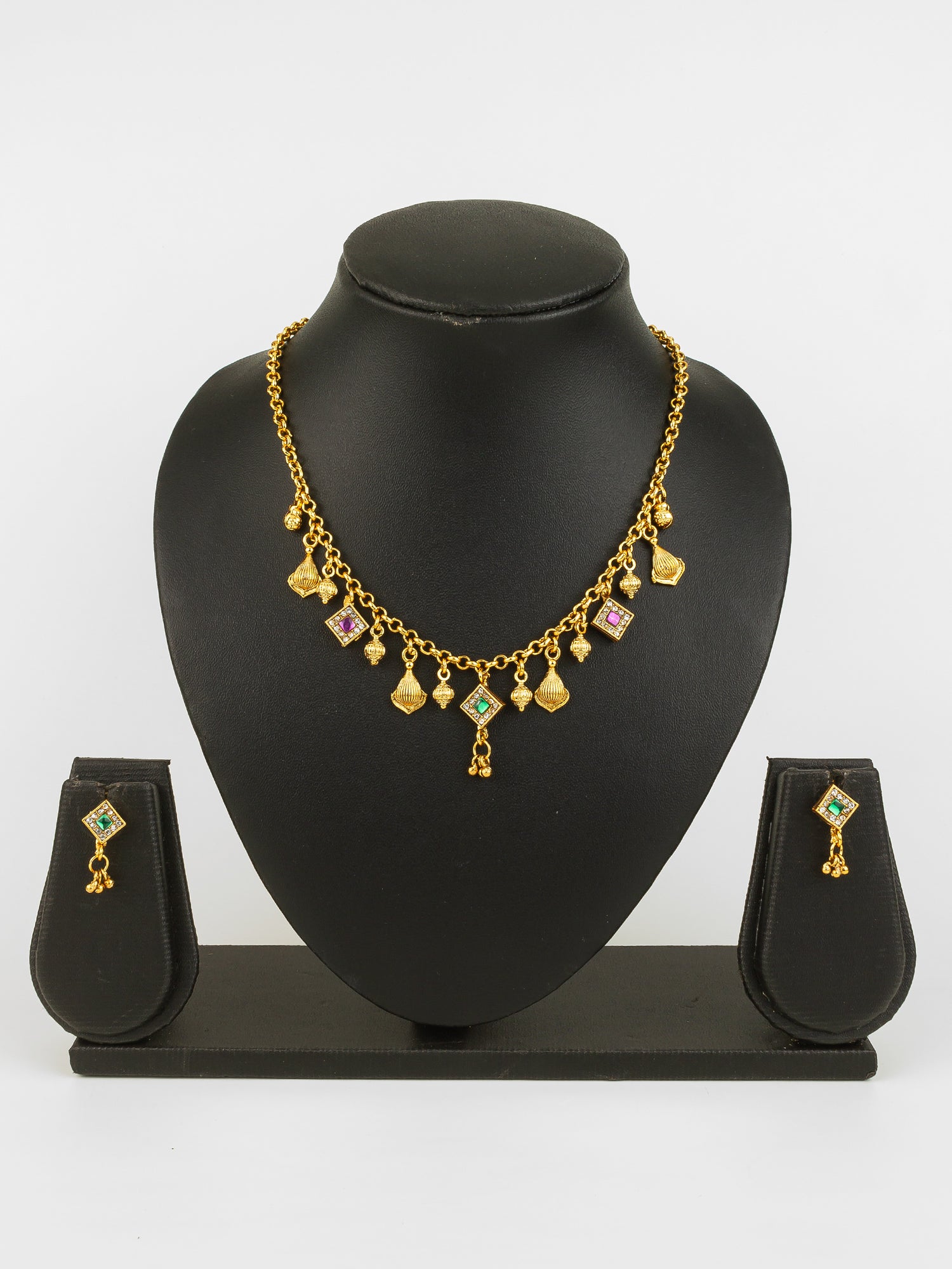 Aadita Gold-Plated Square Stone Necklace Set for Women | Green & Pink Traditional Pendant Jewellery with Earrings | Festive & Bridal Wear