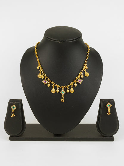Aadita Gold-Plated Square Stone Necklace Set for Women | Green & Pink Traditional Pendant Jewellery with Earrings | Festive & Bridal Wear