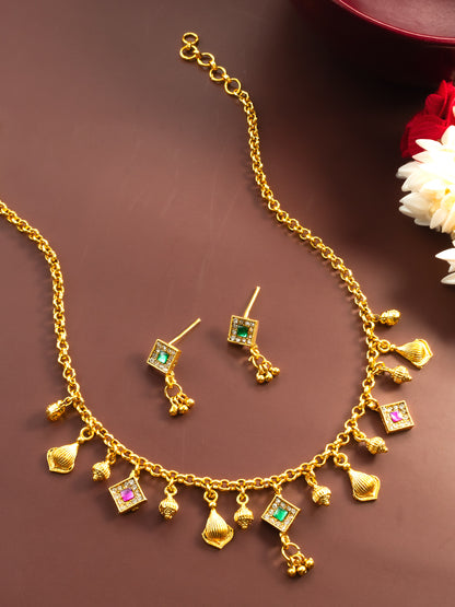 Aadita Gold-Plated Square Stone Necklace Set for Women | Green & Pink Traditional Pendant Jewellery with Earrings | Festive & Bridal Wear