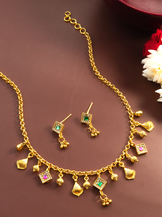 Aadita Gold-Plated Square Stone Necklace Set for Women | Green & Pink Traditional Pendant Jewellery with Earrings | Festive & Bridal Wear