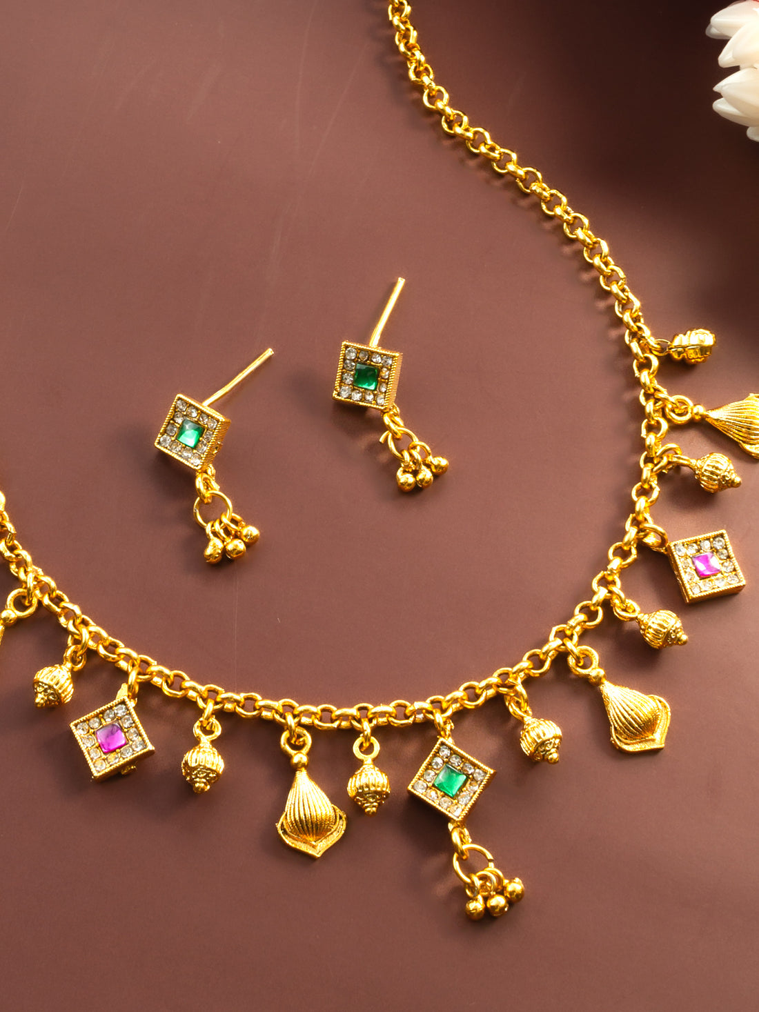 Gold-Plated Square Stone Necklace, Green & Pink, Festive & Bridal Wear