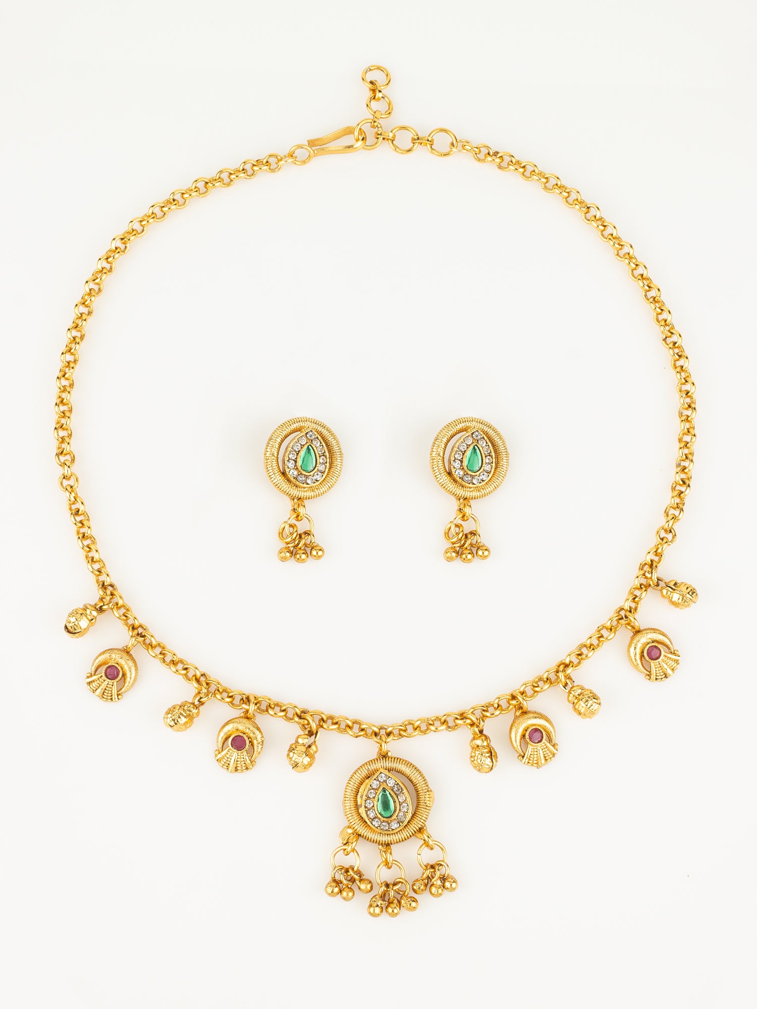 Aadita Gold-Plated Teardrop Stone Necklace Set for Women | Green & Pink Ethnic Jewellery with Earrings | Bridal & Festive Wear