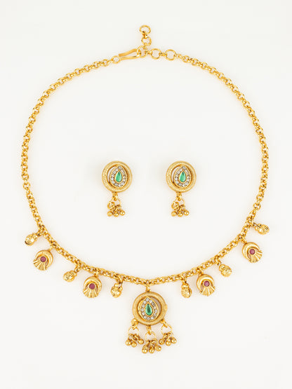 Aadita Gold-Plated Teardrop Stone Necklace Set for Women | Green & Pink Ethnic Jewellery with Earrings | Bridal & Festive Wear