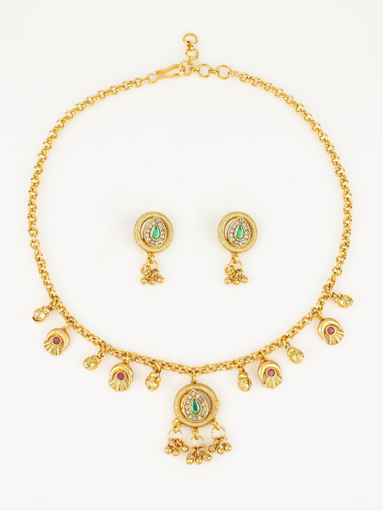Aadita Gold-Plated Teardrop Stone Necklace Set for Women | Green & Pink Ethnic Jewellery with Earrings | Bridal & Festive Wear WNK4807