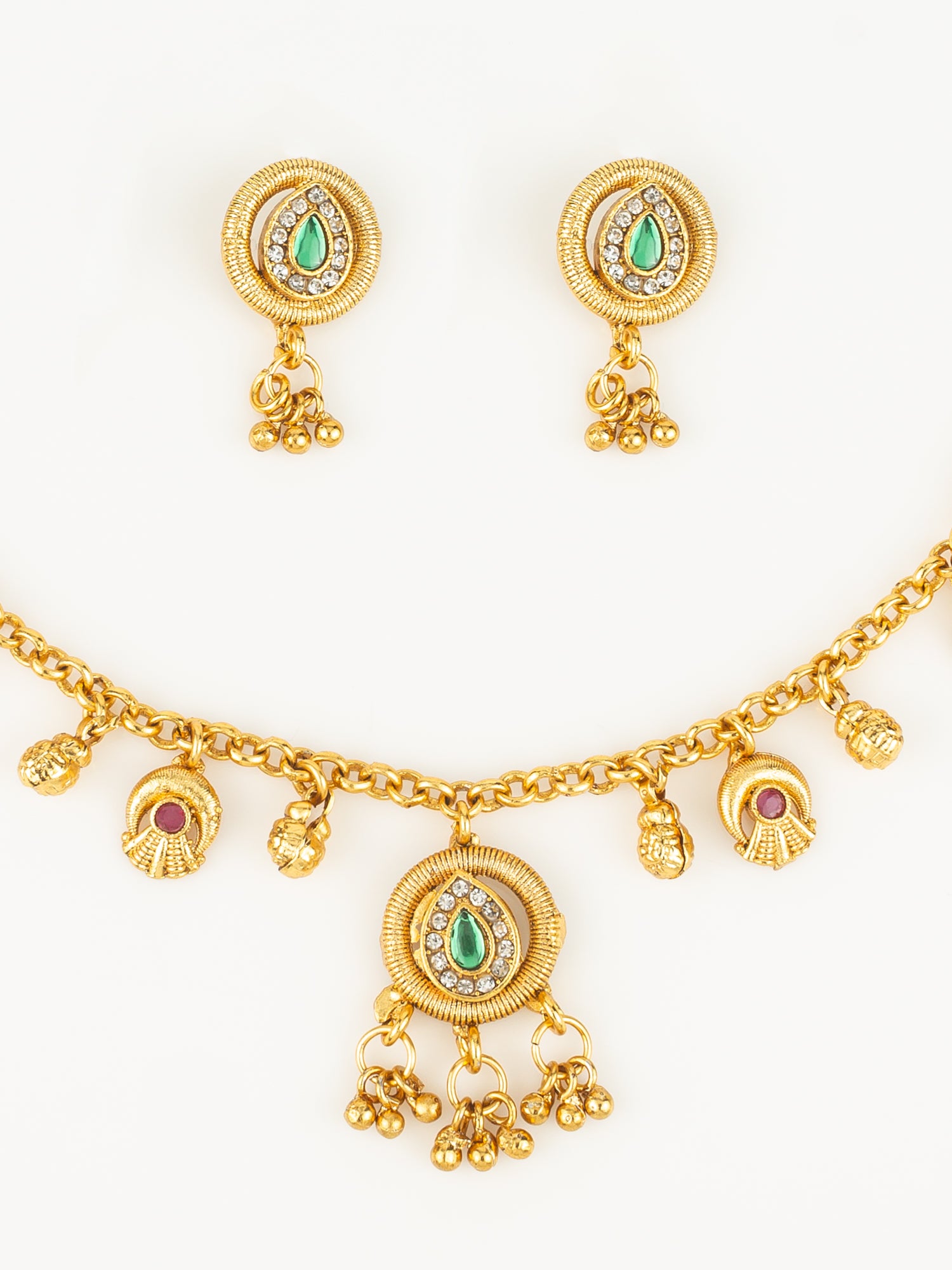 Aadita Gold-Plated Teardrop Stone Necklace Set for Women | Green & Pink Ethnic Jewellery with Earrings | Bridal & Festive Wear