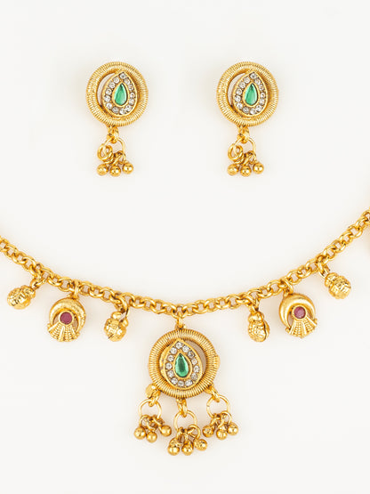 Aadita Gold-Plated Teardrop Stone Necklace Set for Women | Green & Pink Ethnic Jewellery with Earrings | Bridal & Festive Wear
