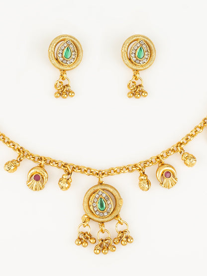 Aadita Gold-Plated Teardrop Stone Necklace Set for Women | Green & Pink Ethnic Jewellery with Earrings | Bridal & Festive Wear WNK4807