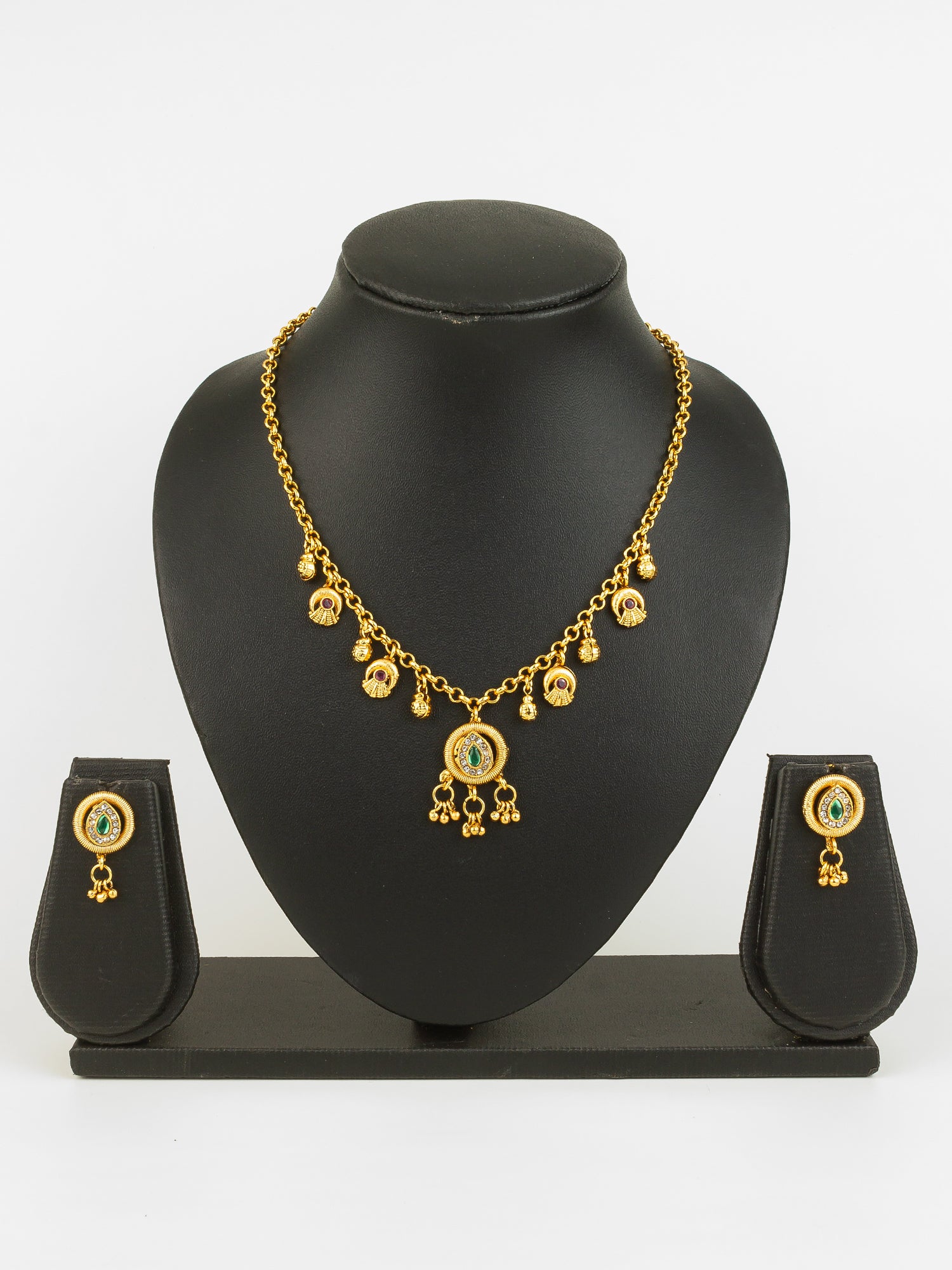 Aadita Gold-Plated Teardrop Stone Necklace Set for Women | Green & Pink Ethnic Jewellery with Earrings | Bridal & Festive Wear