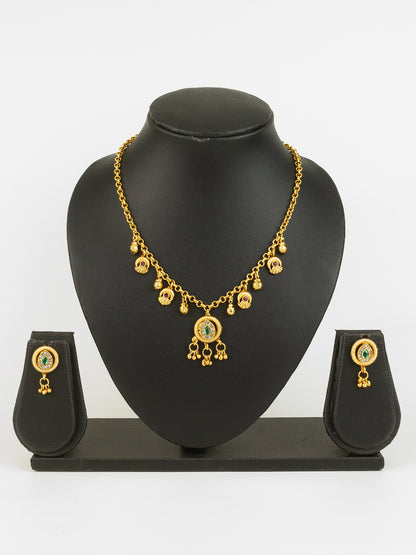 Aadita Gold-Plated Teardrop Stone Necklace Set for Women | Green & Pink Ethnic Jewellery with Earrings | Bridal & Festive Wear